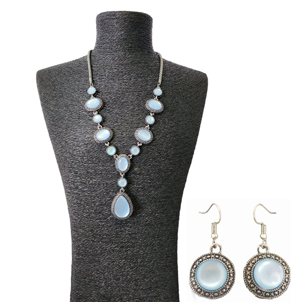 Silver Link & Blue Moonstone Long Statement Necklace + Matching Earrings